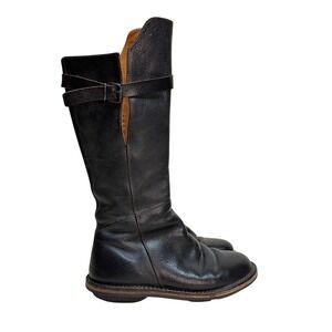 Trippen Crusader Black Leather Tall Boots Womens 38 Buckle Strap Zip Germany